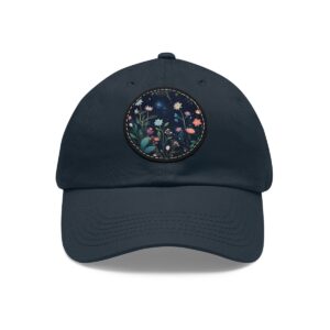 Dad Hat with a floral night garden design featuring colorful flowers and leaves on the front