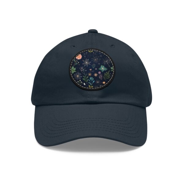 Dad Hat with a whimsical night garden design featuring stars, flowers, and foliage on the front