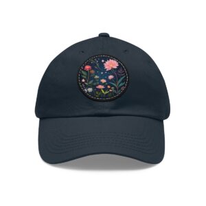 ad Hat with a floral night garden design featuring blooming flowers and stars on the front