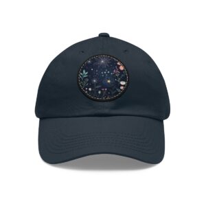 Dad Hat with a cosmic garden design featuring stars, planets, and greenery on the front