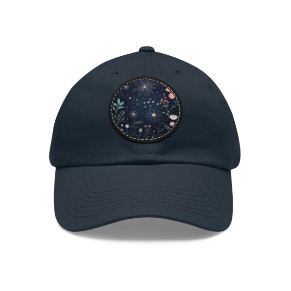 Dad Hat with a cosmic garden design featuring stars, planets, and greenery on the front