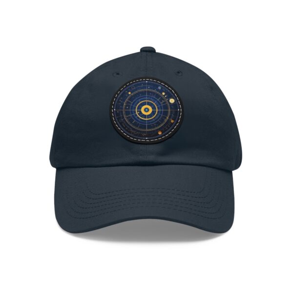 Dad Hat with round patch featuring a solar system design with planets orbiting a central sun in concentric circles