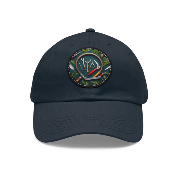 Dad Hat with a garden tools design featuring various tools and green foliage on the front