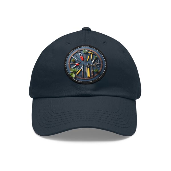 Dad Hat with a colorful garden tools design arranged in a circular pattern on the front