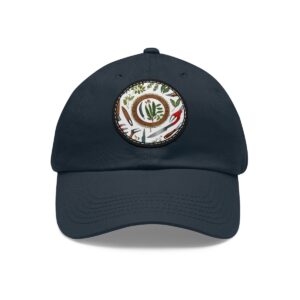 Dad Hat with a garden tools and leaf design featuring various tools and a central leaf pattern on the front