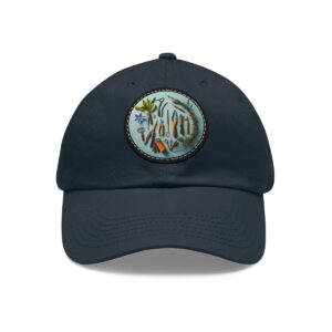 Dad Hat with a colorful garden tools design featuring various tools and plants on the front