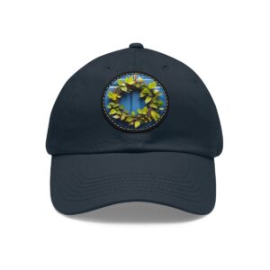 Dad Hat with a vibrant green leaf wreath design on the front