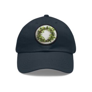 Dad Hat with a delicate green wreath design featuring small leaves on the front