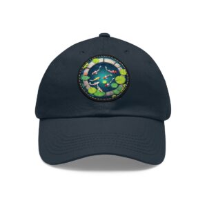 Dad Hat with a vibrant koi pond design featuring lily pads, colorful fish, and flowers on the front