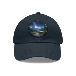 Dad Hat with round patch featuring a comet streaking across the sky above a peaceful mountain landscape with a reflective lake