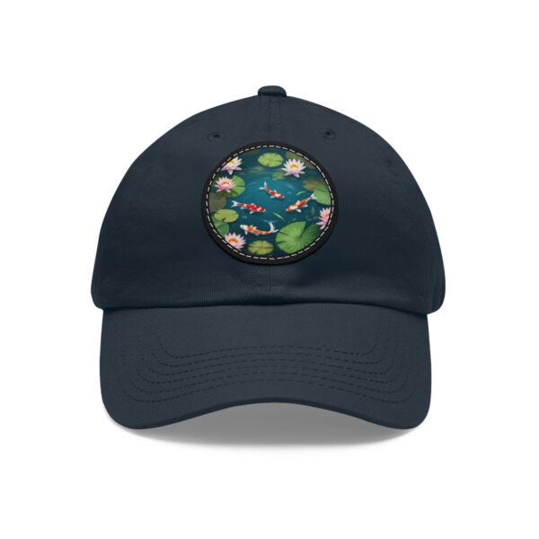 Dad Hat with a serene koi pond design featuring lily pads, flowers, and koi fish on the front