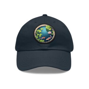 Dad Hat with a tranquil koi pond design featuring lily pads and koi fish on the front