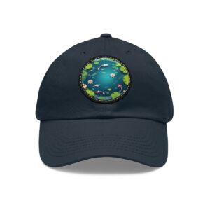 Dad Hat with a peaceful koi pond design featuring lily pads and colorful koi fish on the front