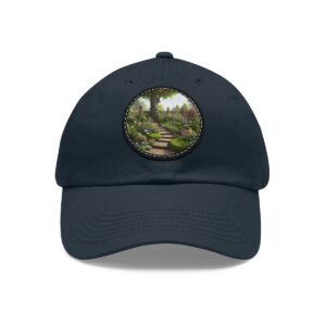 Dad Hat with a serene garden pathway design featuring lush greenery on the front