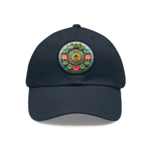 Dad Hat with a colorful succulent mandala design featuring green, orange, and pink hues on the front