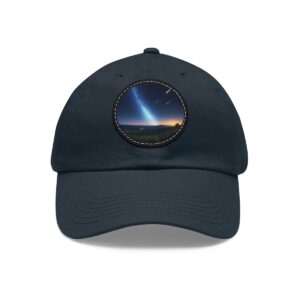 Dad Hat with round patch featuring a comet streaking across a night sky above a serene landscape