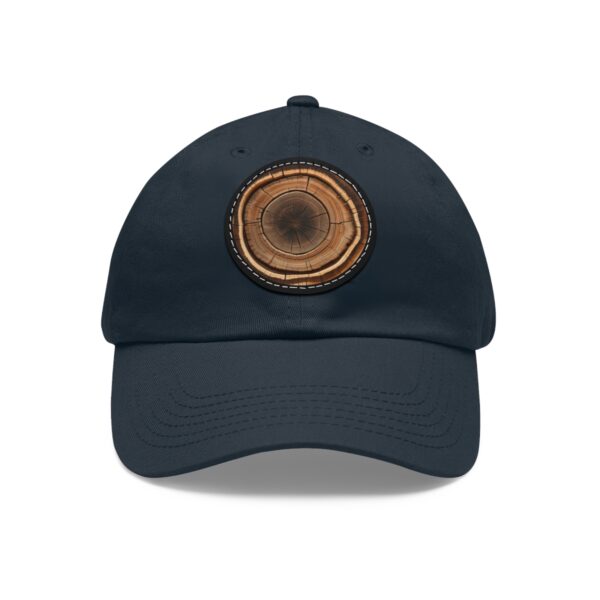 Dad Hat with a wood grain design resembling a tree ring on the front