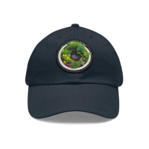 Dad Hat with a lush green garden and pond design on the front