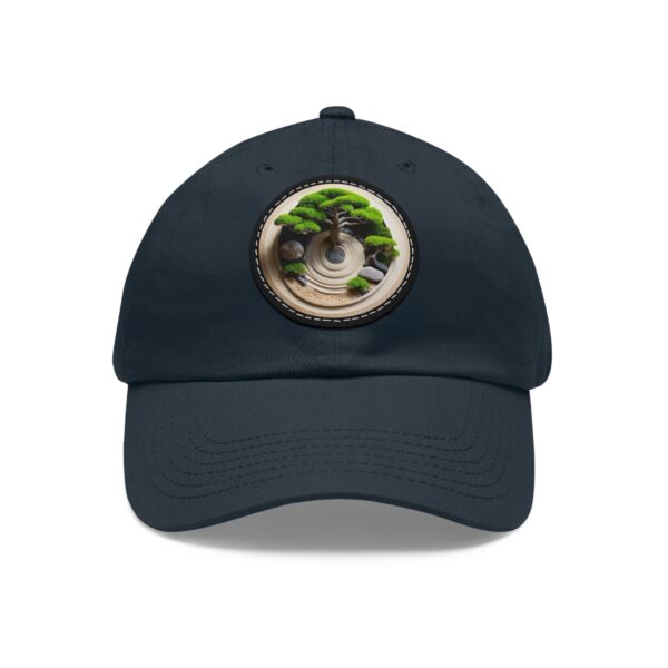 Dad Hat with a detailed bonsai tree and zen sand garden design on the front