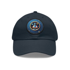 Dad Hat with round patch featuring a cartoon rocket ship launching into space with stars in the background