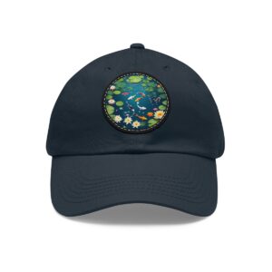 Dad Hat with a vibrant koi pond design featuring lily pads and colorful fish on the front