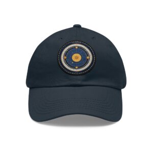 Dad Hat with round patch featuring a solar system design with a central sun and planets in concentric circles