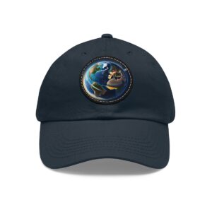 Dad Hat with round patch displaying a detailed image of Earth viewed from space, highlighting continents and lights across the globe