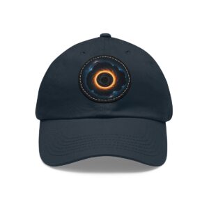 Dad Hat featuring a design of a glowing orange ring surrounding a black hole on front