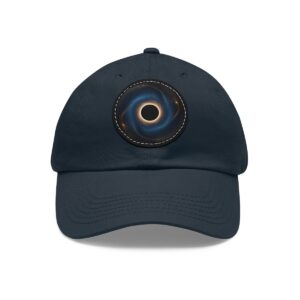 Dad Hat featuring a design of a swirling black hole with a glowing ring around a dark center on front