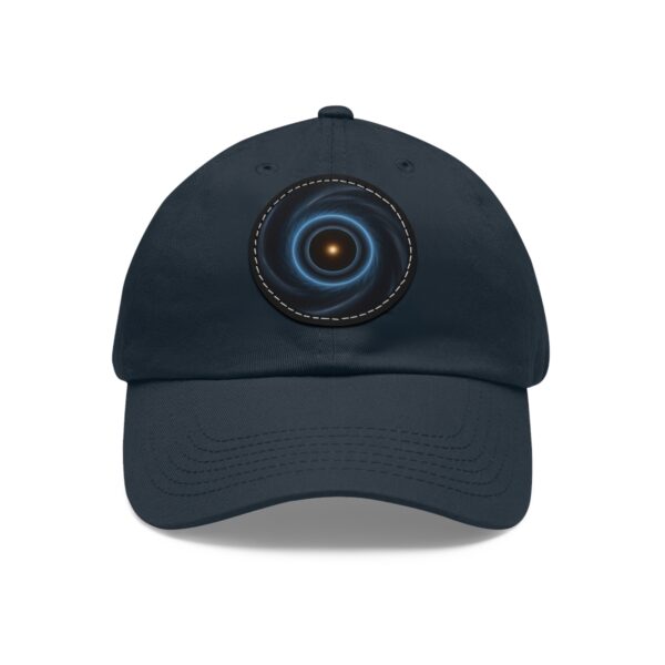 Dad Hat featuring a design of a solar eclipse with a glowing blue ring and bright orange center on front