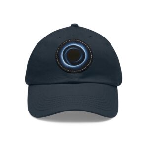 Dad Hat featuring a design of a solar eclipse with a soft blue glowing ring around a dark center on front