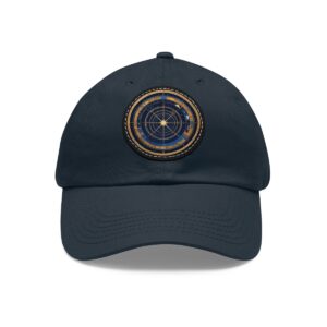 Dad Hat with round patch featuring a celestial compass design with intricate star patterns and concentric circles