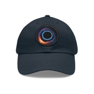 Dad Hat featuring a design of a solar eclipse with a vibrant, multicolored glowing ring on front