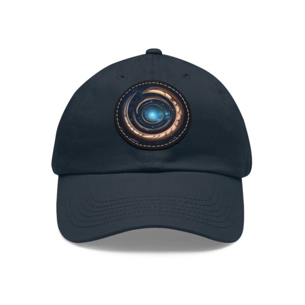 Dad Hat featuring a design of a glowing blue core surrounded by swirling rings of light on front