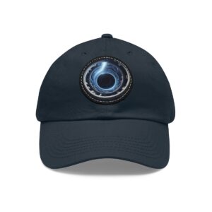 Dad Hat with round patch featuring a swirling blue vortex resembling a black hole