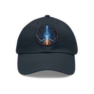 Dad Hat featuring a futuristic design with a bright blue light beam centered in concentric circles on front