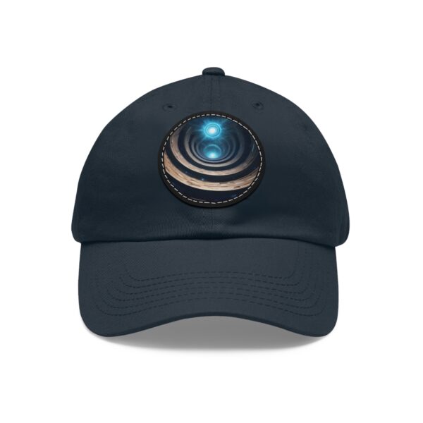 Dad Hat featuring a cosmic design with a glowing blue light at the center surrounded by concentric rings on front