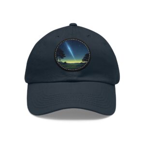 Dad Hat featuring a peaceful night landscape with a comet streaking across the sky on front