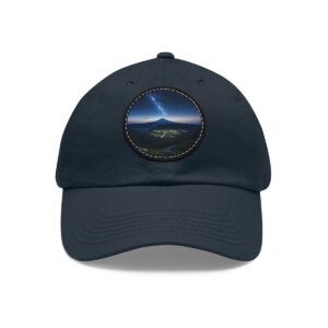 Dad Hat featuring a serene mountain landscape at night with a comet in the sky on front