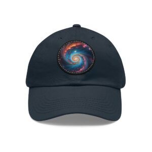 Dad Hat featuring a vibrant spiral galaxy design on front