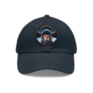 Dad Hat featuring a design of an astronaut with a clear helmet showing a smiling face and space background on front