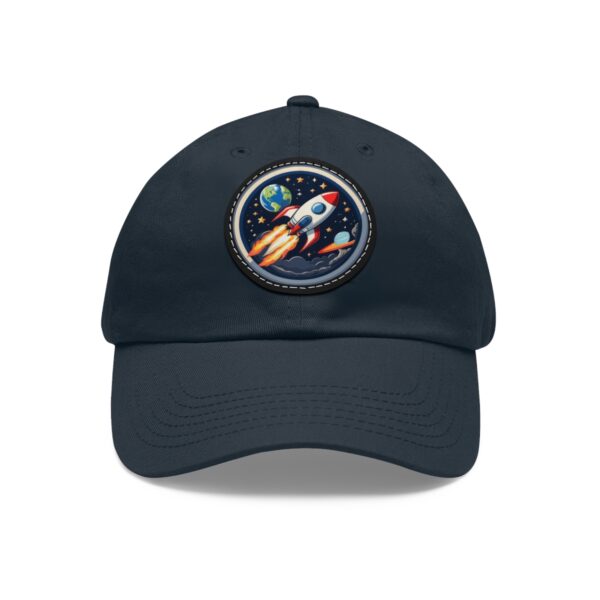 Dad Hat featuring a retro rocket ship flying through space with Earth and stars in the background on front