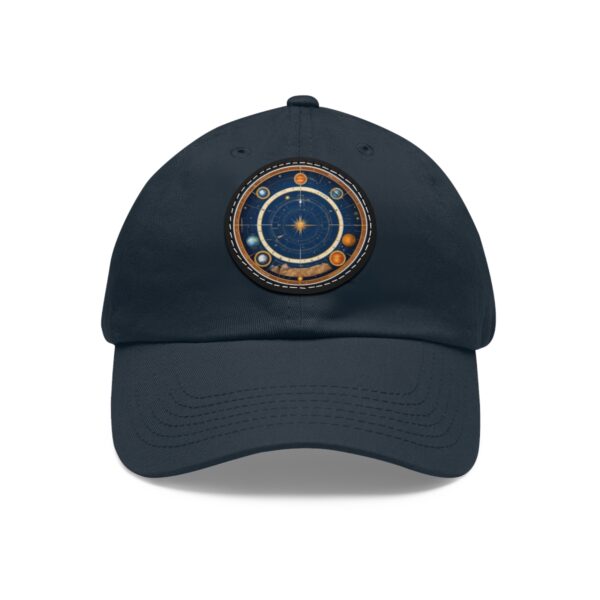 Dad Hat with round patch featuring an intricate design of a celestial compass surrounded by planetary symbols