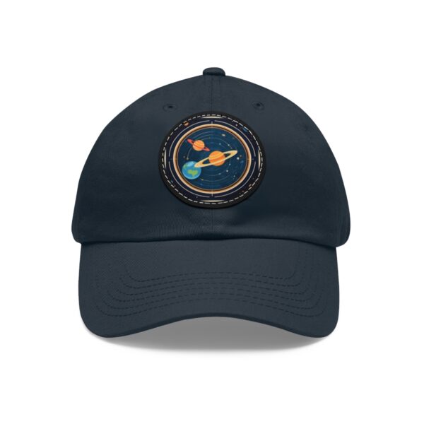 Dad Hat with a retro-style design featuring colorful planets and orbital paths on front