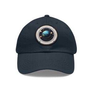 Dad Hat with a cosmic design featuring a solar system inside a circular window on front