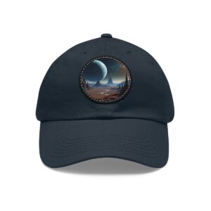 Dad Hat with a surreal alien landscape design featuring a large planet and futuristic terrain on front