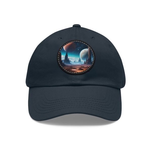 Dad Hat with a surreal alien landscape design featuring multiple planets and futuristic architecture on front