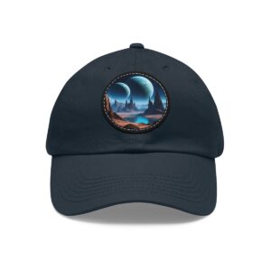 Dad Hat with a surreal alien landscape design featuring dual moons and futuristic terrain on front