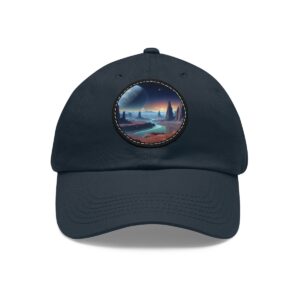 Dad Hat with a surreal cosmic landscape design featuring an alien planet and futuristic scenery on front