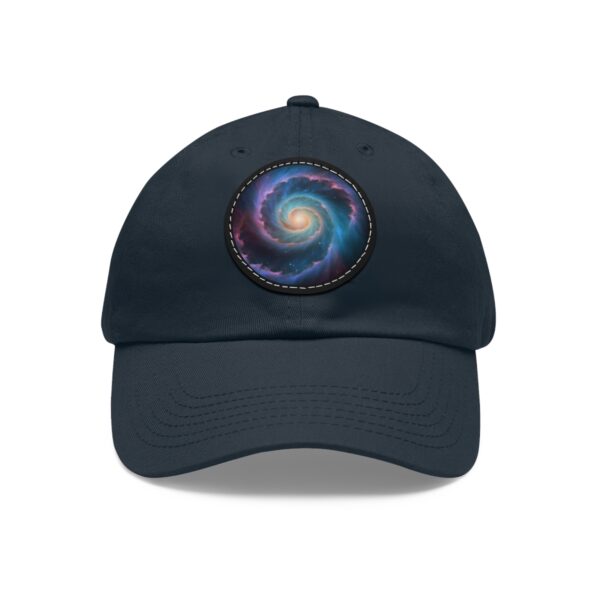 Dad Hat with a vibrant galaxy design featuring a colorful spiral galaxy on front